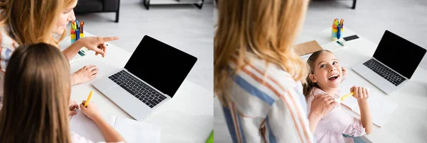 Колаж матері, що вказує пальцем на ноутбук і приймає усміхнену дитину під час онлайн-освіти — стокове фото