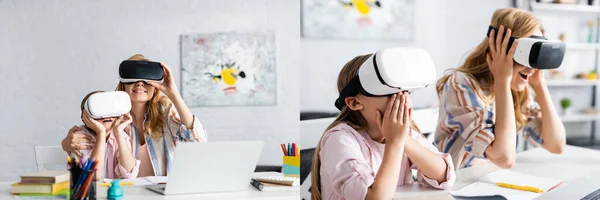 Collage of smiling mother and excited daughter using vr headsets near stationery on table — Stock Photo