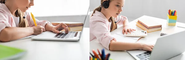 Collage de l'écriture de l'enfant sur ordinateur portable et en utilisant un casque avec ordinateur portable à la table — Photo de stock