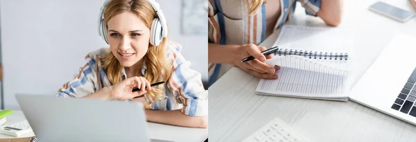 Collage de la femme à l'aide d'écouteurs avec ordinateur portable à la table et le cahier de lecture — Photo de stock