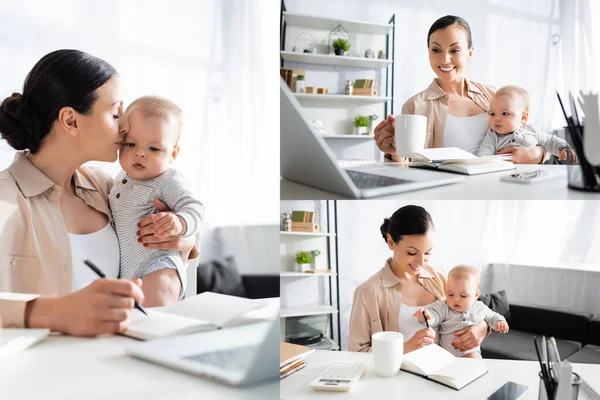 Collage of happy freelancer holding in arms infant son and working from home — Stock Photo