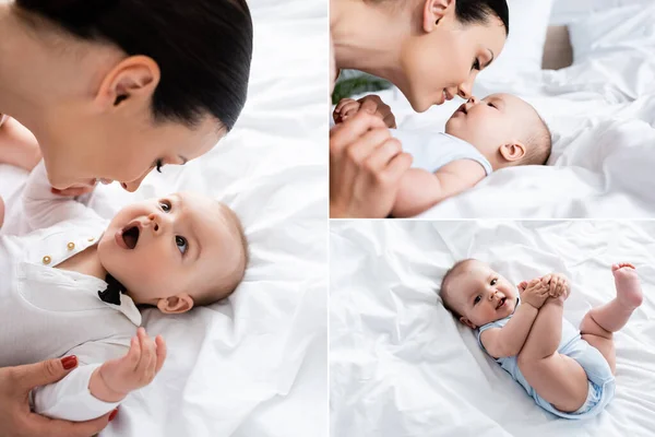 Collage of woman looking at cute infant son in bedroom — Stock Photo