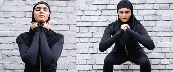 Collage of attractive muslim woman in hijab exercising near brick wall — Stock Photo