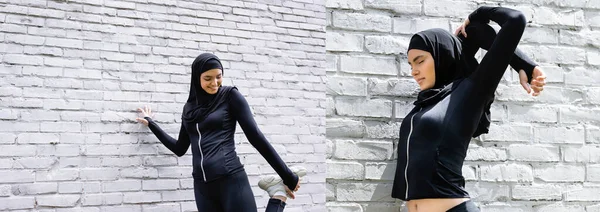 Collage of smiling muslim sportswoman exercising near brick wall — Stock Photo