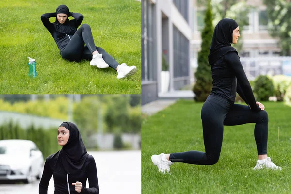 Collage of arabian sportswoman in hijab and sportswear exercising outside — Stock Photo