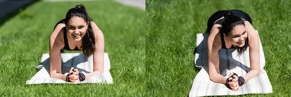 Collage di sportiva felice che si esercita sul tappeto fitness all'esterno — Foto stock
