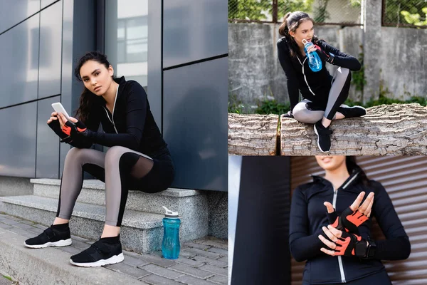 Collage of sportswoman touching sport gloves, sitting on tree, holding sports bottle and smartphone — Stock Photo