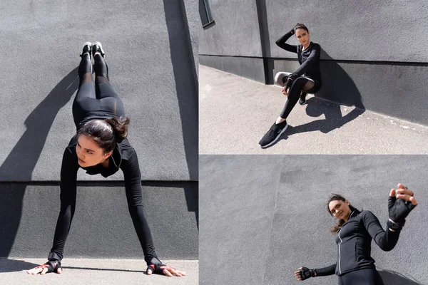 Collage of young sportswoman exercising and smiling near concrete wall — Stock Photo