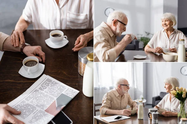 Коллаж пожилой пары, пьющей кофе и поедающей крупы возле газеты и смартфона на столе — стоковое фото
