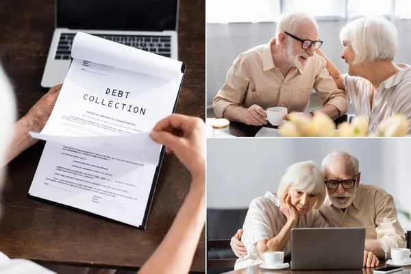 Collage of senior couple using laptop, drinking coffee and woman holding papers with debt collection lettering at home — Stock Photo