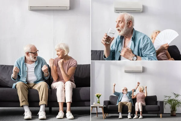 Collage of positive and tired senior couple sitting under air conditioner on couch — Stock Photo