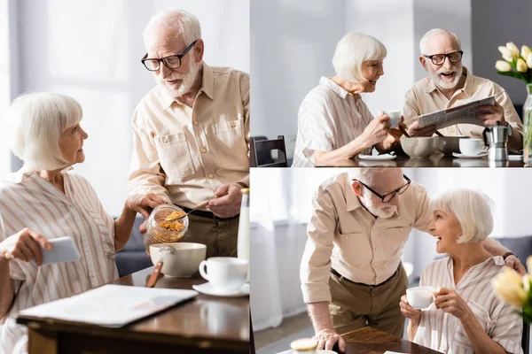 Collage de sonriente señor pareja leyendo el periódico y vertiendo cereales y el uso de teléfono inteligente durante el desayuno en casa - foto de stock