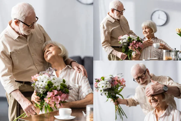 Коллаж пожилого мужчины, дающего цветочный букет улыбающейся жене во время завтрака на кухне — стоковое фото