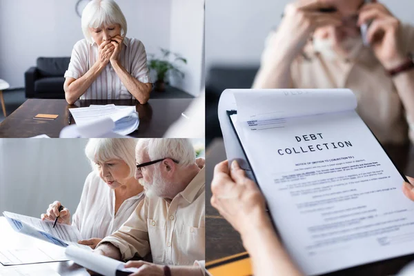 Collage of worried and sad senior couple talking on smartphone and holding papers with debt collection at home — Stock Photo