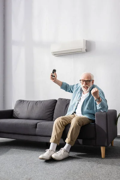 Веселый пожилой человек держит пульт дистанционного управления кондиционером и показывает да жест на диване — стоковое фото