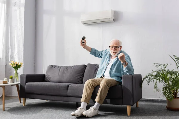 Sorrindo homem idoso mostrando sim gesto na câmera e segurando controlador remoto de ar condicionado no sofá — Fotografia de Stock