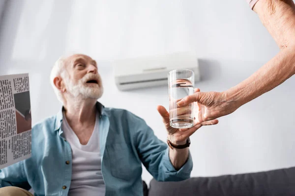 El foco selectivo de la mujer dando vaso de agua al marido con el periódico que sufre de calor - foto de stock
