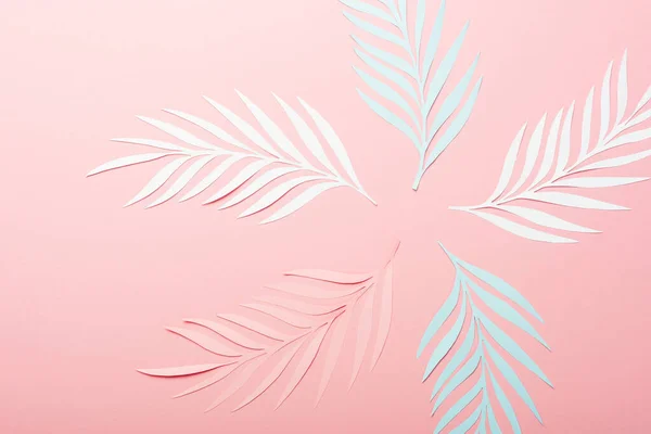 Draufsicht auf weiße, rosa und blaue Papier geschnittene Palmblätter auf rosa Hintergrund — Stockfoto