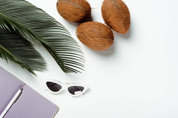 Vista dall'alto di foglie di palma verde, occhiali da sole, noci di cocco e blocco note su sfondo bianco — Foto stock