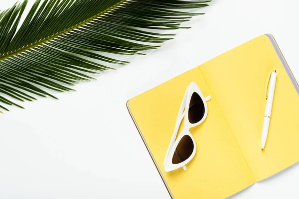 Vista superior de la hoja de palma verde cerca de las gafas de sol en el planificador amarillo sobre fondo blanco - foto de stock