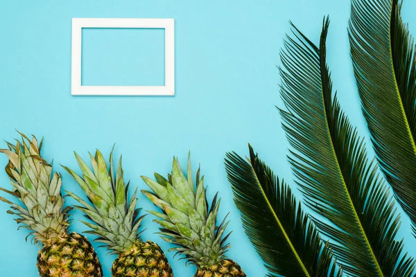 Vue du dessus des feuilles de palmier vert et des ananas mûrs près du cadre carré vide sur fond bleu — Photo de stock