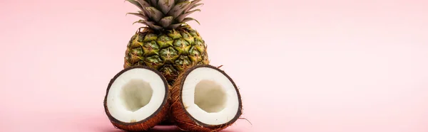 Ripe pineapple and fresh coconut halves on pink background, panoramic shot — Stock Photo