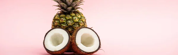 Ananas maturo e cocco fresco metà su sfondo rosa, colpo panoramico — Foto stock