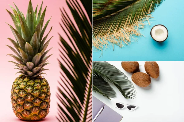 Collage de hojas de palma verde, cocos, piña, accesorios de verano y planificador sobre fondo blanco, rosa, azul - foto de stock