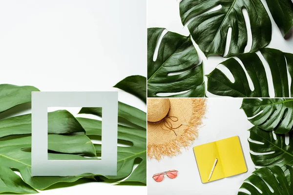 Collage de feuilles de palmier vert, accessoires d'été et planificateur jaune sur fond blanc — Photo de stock