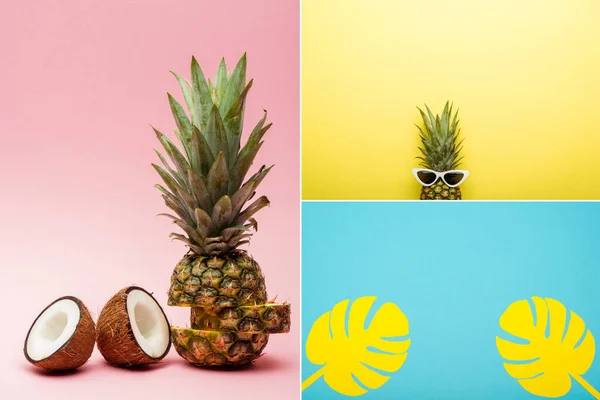 Колаж з тропічних фруктів, сонцезахисних окулярів і паперових пальмових листя на рожевому, синьому і жовтому тлі — стокове фото