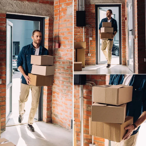 Collage of handsome businessman holding carton boxes while moving in new office — Stock Photo