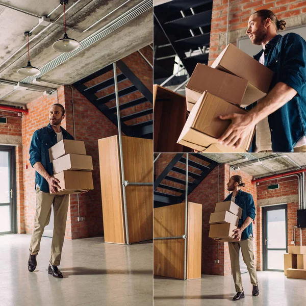 Collage of bearded businessman holding carton boxes while moving in new office — Stock Photo