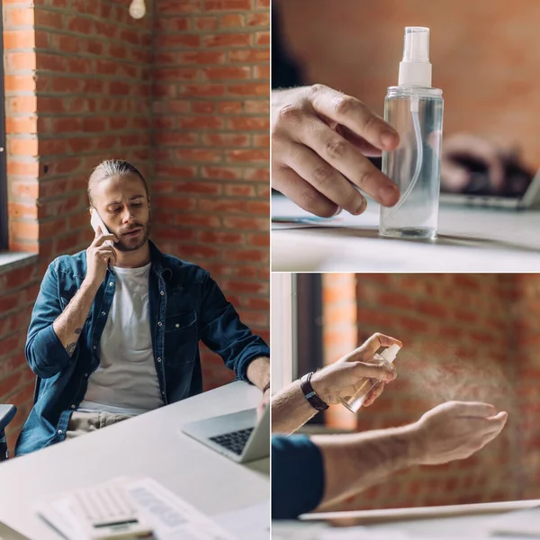 Collage de hombre de negocios hablando en el teléfono inteligente, utilizando el ordenador portátil y tocando desinfectante de manos en la oficina - foto de stock