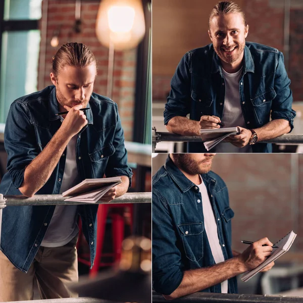 Collage of pensive businessman holding pen and writing in notebook — Stock Photo