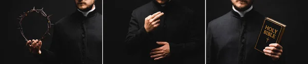 Collage of priest holding holy bible and wreath with spikes while praying isolated on black — Stock Photo