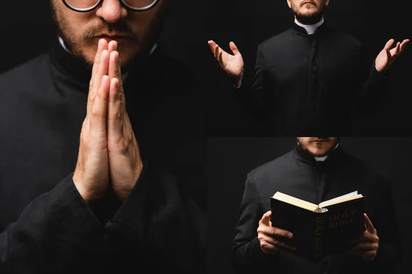Колаж священика, що тримає святу Біблію і стоїть з молитовними руками ізольовано на чорному — стокове фото