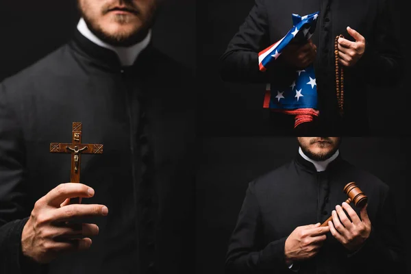 Collage de prêtre tenant chapelet perles, drapeau américain, marteau et croix isolé sur noir — Photo de stock