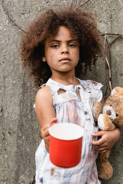 Selective focus of poor african american child holding teddy bear and metal cup for alms on urban street — Stock Photo