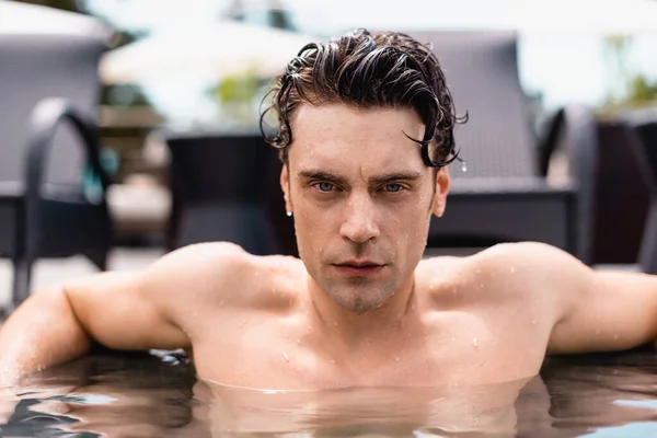 Molhado e bonito homem olhando para câmera na piscina — Fotografia de Stock