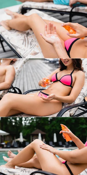 Collage of cheerful woman in swimwear applying sunscreen near man — Stock Photo