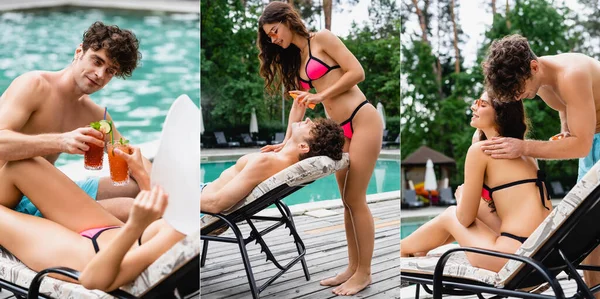 Collage of handsome man and woman applying sunscreen and clinking cocktails — Stock Photo