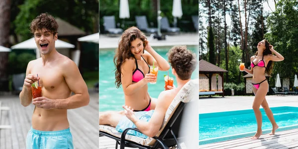 Колаж веселої жінки в купальнику, що тримає коктейль і дивиться на хлопця біля басейну — стокове фото
