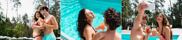 Коллаж мужчины и женщины в купальниках с коктейлями и селфи у бассейна — стоковое фото