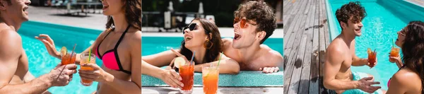 Colagem de casal alegre em óculos de sol segurando coquetéis na piscina — Fotografia de Stock