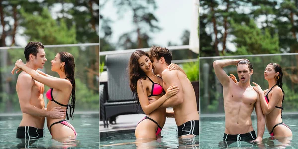 Collage of wet woman in swimsuit hugging handsome man in swimming pool — Stock Photo