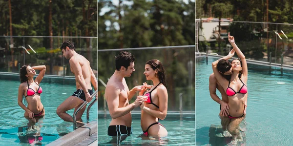 Коллаж веселой пары в купальниках, держащихся за руки и обнимающихся в бассейне — стоковое фото
