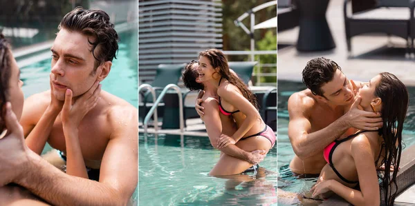 Collage eines muskulösen Mannes, der sexy Frau im Schwimmbad anfasst und in den Armen hält — Stockfoto