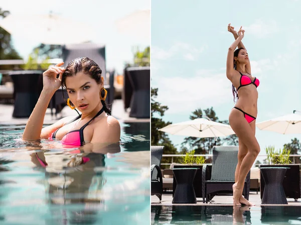 Collage di donna scalza in costume da bagno in piedi e nuoto in piscina — Foto stock