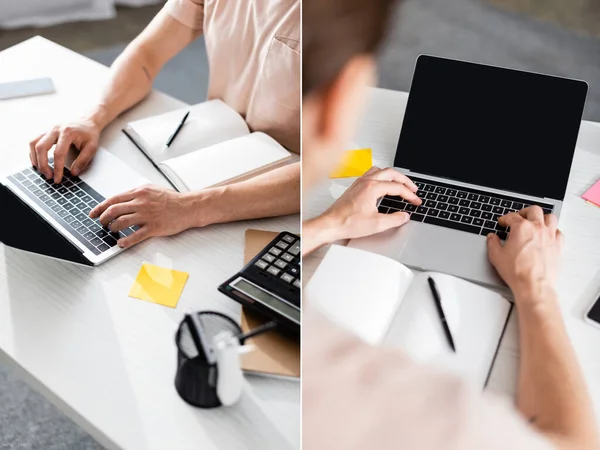 Collage de teletrabajo escribiendo en el ordenador portátil con pantalla en blanco en la mesa con papelería en casa, ganando concepto en línea - foto de stock