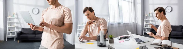 Collage de freelancer usando laptop y tomando café mientras está sentado en la mesa en la sala de estar, ganando concepto en línea - foto de stock